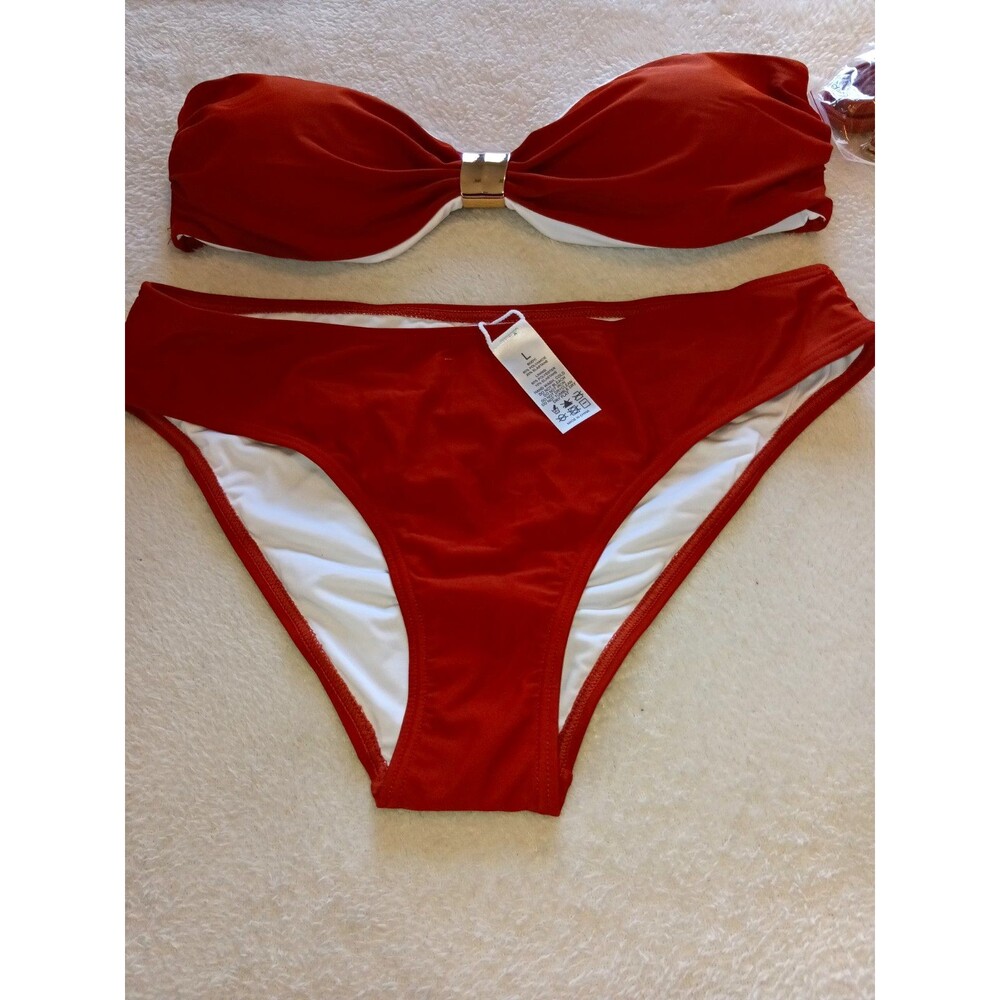 Womens Large Red Bandeau Bikini Set 2 Piece Swimsuit Lined Gold Hardware Sexy